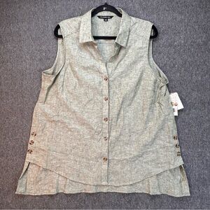 Zac & Rachel Shirt Womens 1X Green Linen Blend Sleeveless Button Front Tunic